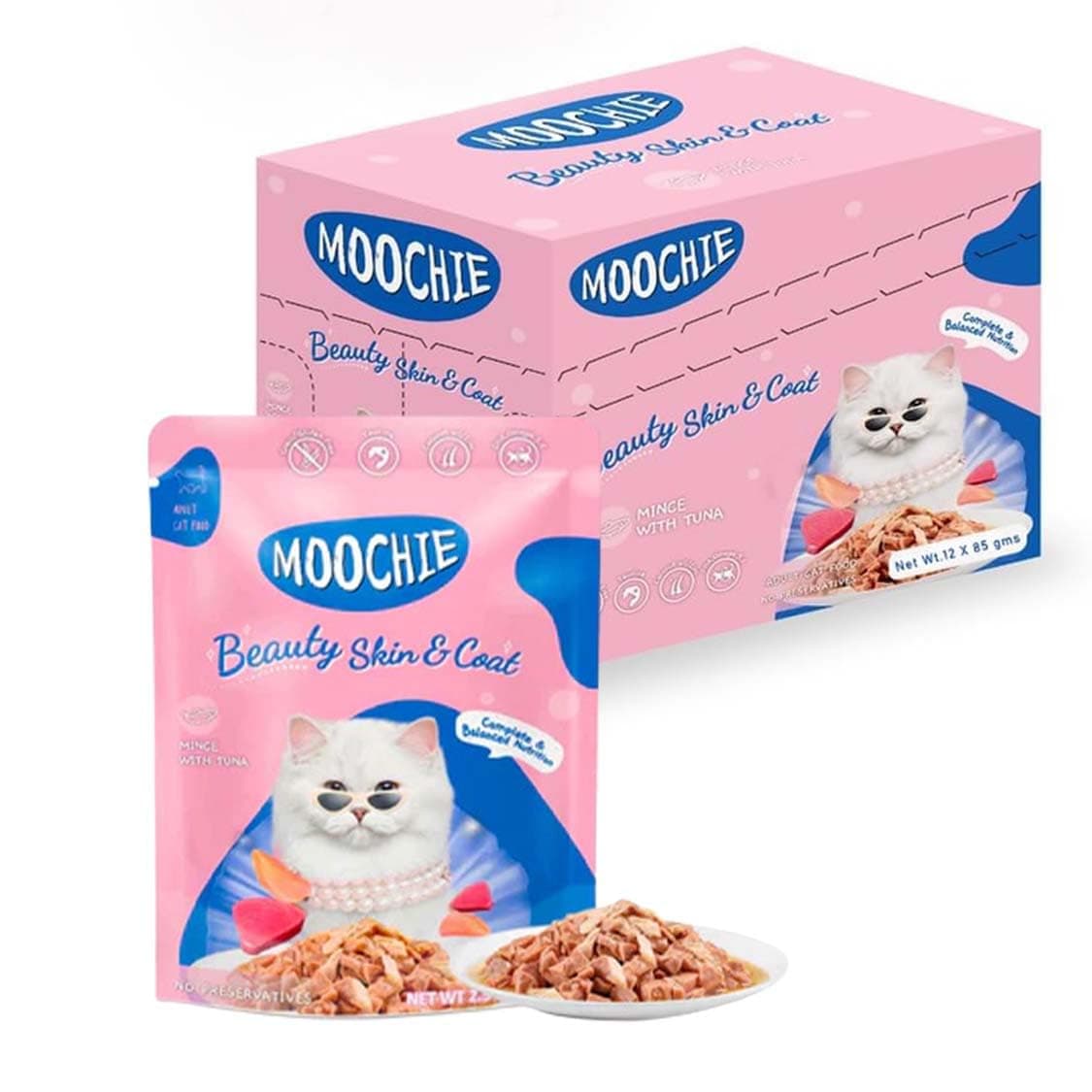 Moochie Tasty Wet Cat Food, (85g X 12 Pouches) Grain Free Cats Gravy Meal, Beauty Skin & Coat with Tuna, No Artificial Flavours Kitten Food, Non-Vegetarian Cat Foods Pouch for Kittens