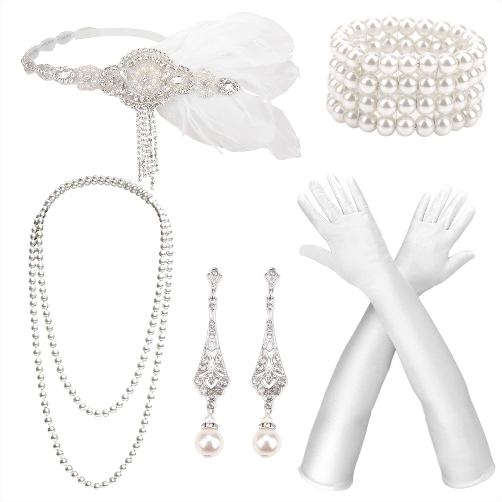 DRESHOW 1920s Accessories Sets Costume Gatsby Feather Headband Earrings Gloves