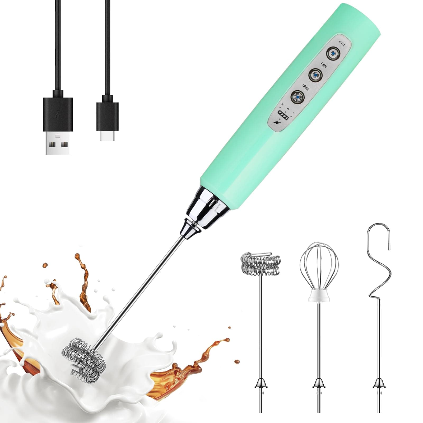YUSWKO Baby Blue Handheld Milk Frother Wand for Coffee, Rechargeable Electric Whisk with 3 Heads 3 Speeds Drink Mixer Coffee Frother For Latte, Cappuccino, Hot Chocolate, Egg
