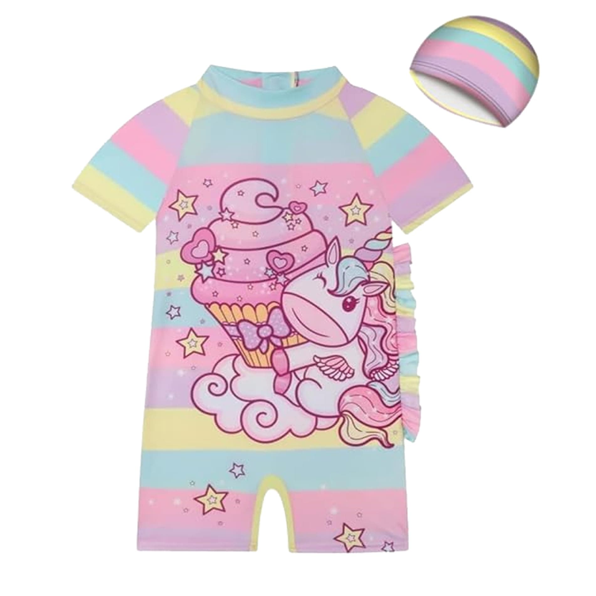 PALAY® Girls Swimsuit One Piece Cartoon Unicorn Swimsuit Set with Swim Cap, Girls Swimwear for 6-8 Years, XL