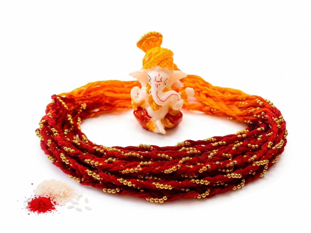 Evisha 12 Pcs Simple Elegant Moli Thread Rakhi With Ganesh Murti For Brother Rakhi For Bhaiya with Roli Chawal Packet (Dzn-14)