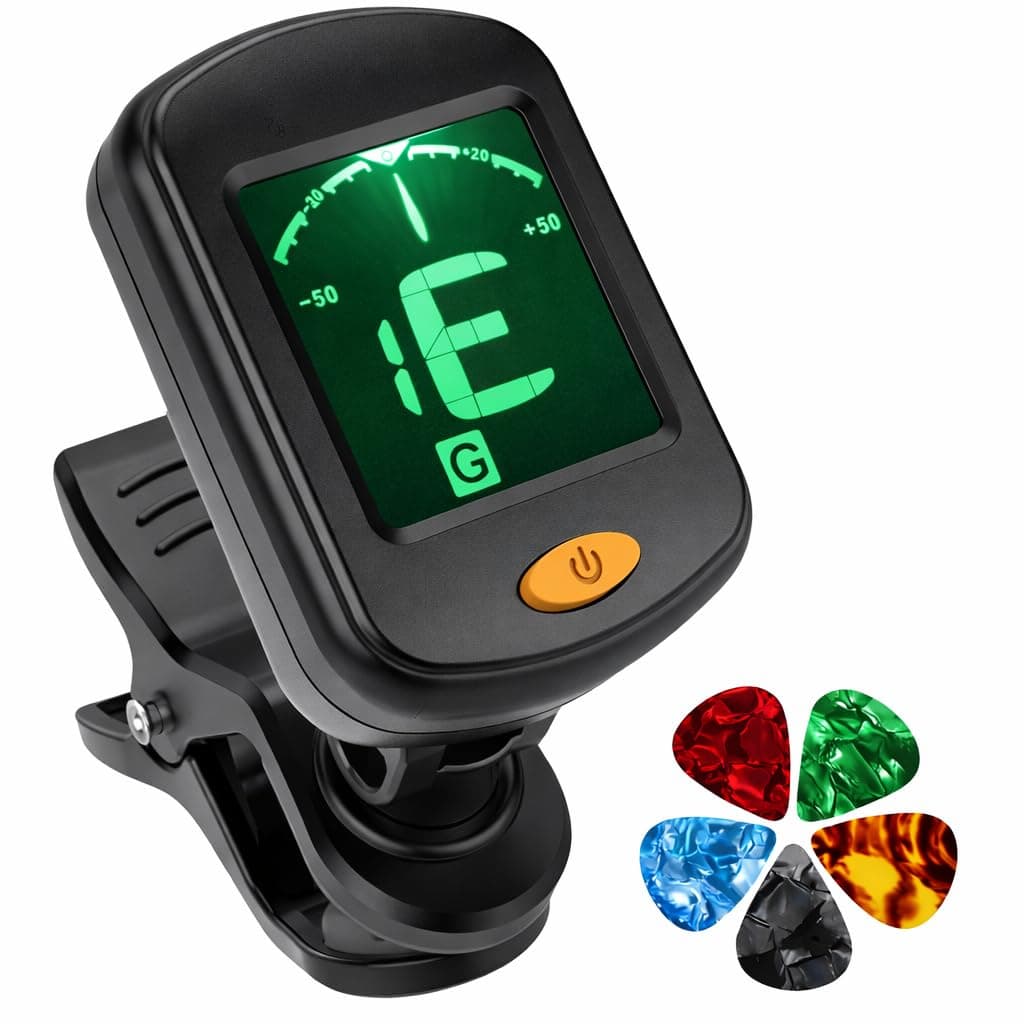 TECHBLAZE Guitar Tuner with 5 Picks - Clip On Digital Chromatic Tuner for Acoustic & Electric Guitar, Bass, Violin, Ukulele - 360° Rotational LCD Display - Guitar Accessories Kit
