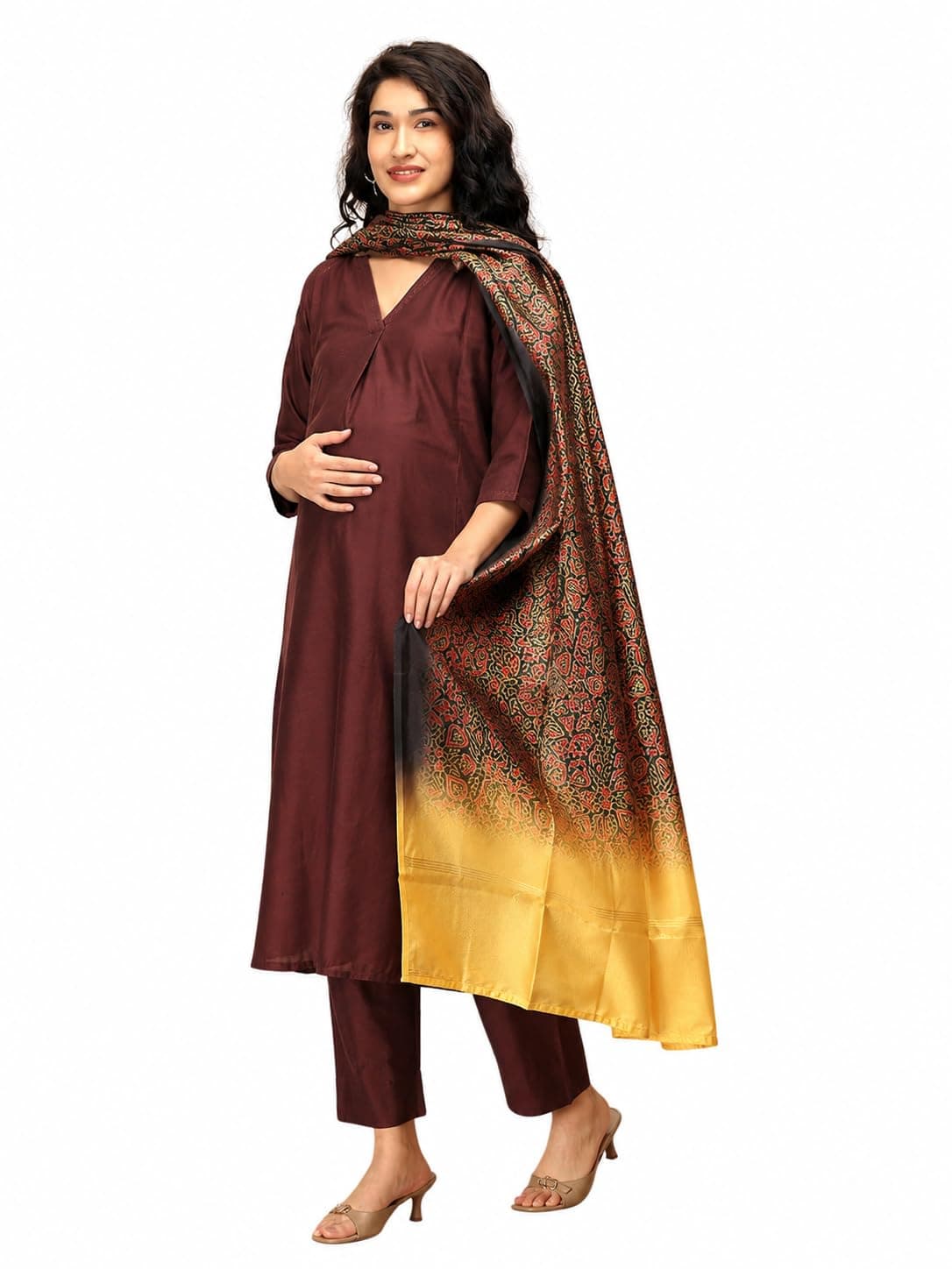 The Mom Store Maternity Kurta Set With Dupatta | Nursing Kurta Set With Dupatta | Front Zipper for Easy Feeding | Pre and Post Pregnancy | Raw Silk | Brown | XL