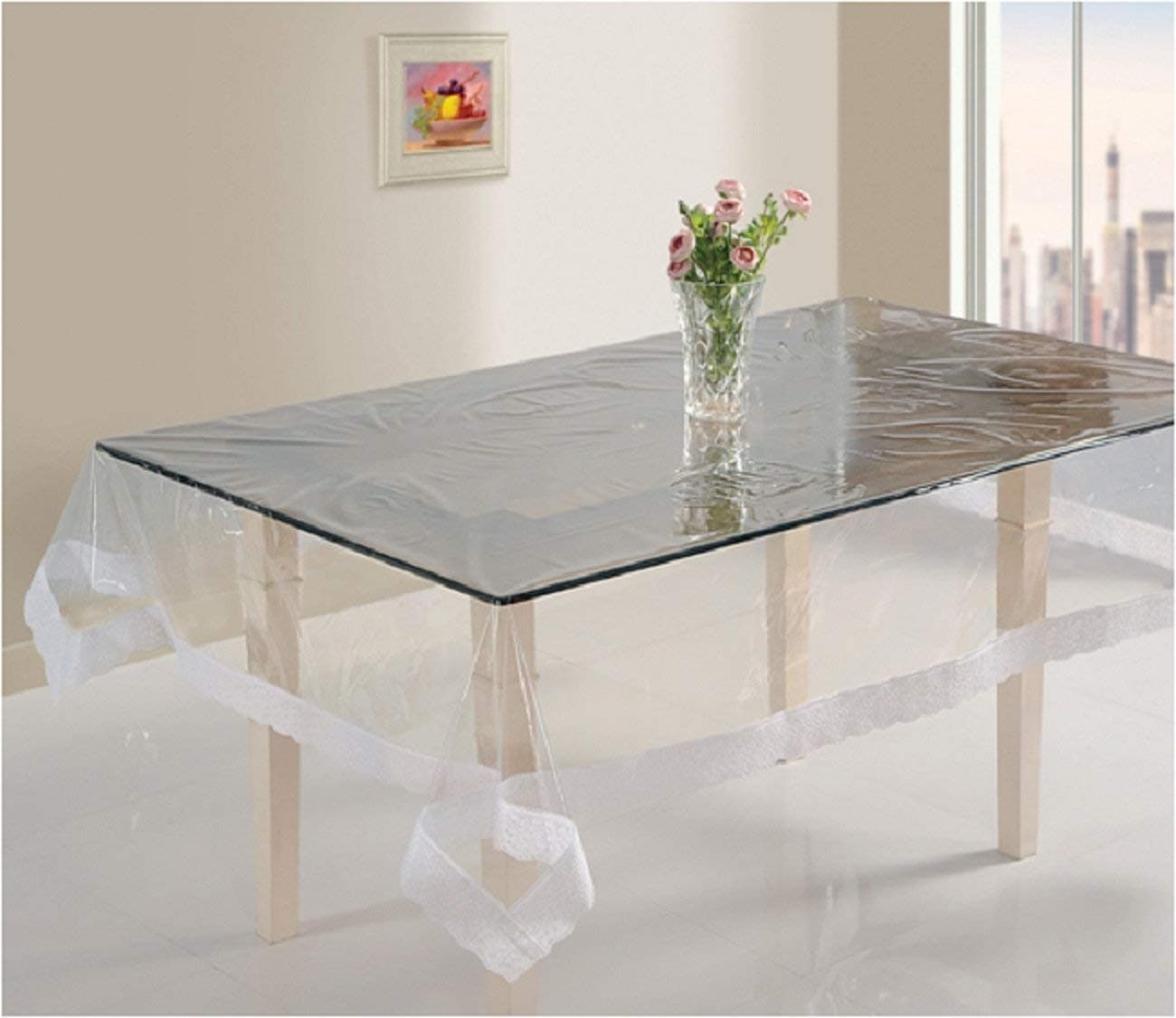 CASANEST Thick PVC White lace Waterproof Rectangular Dining Table Cover 8 Seater 60x108 inches, Transparent trans004