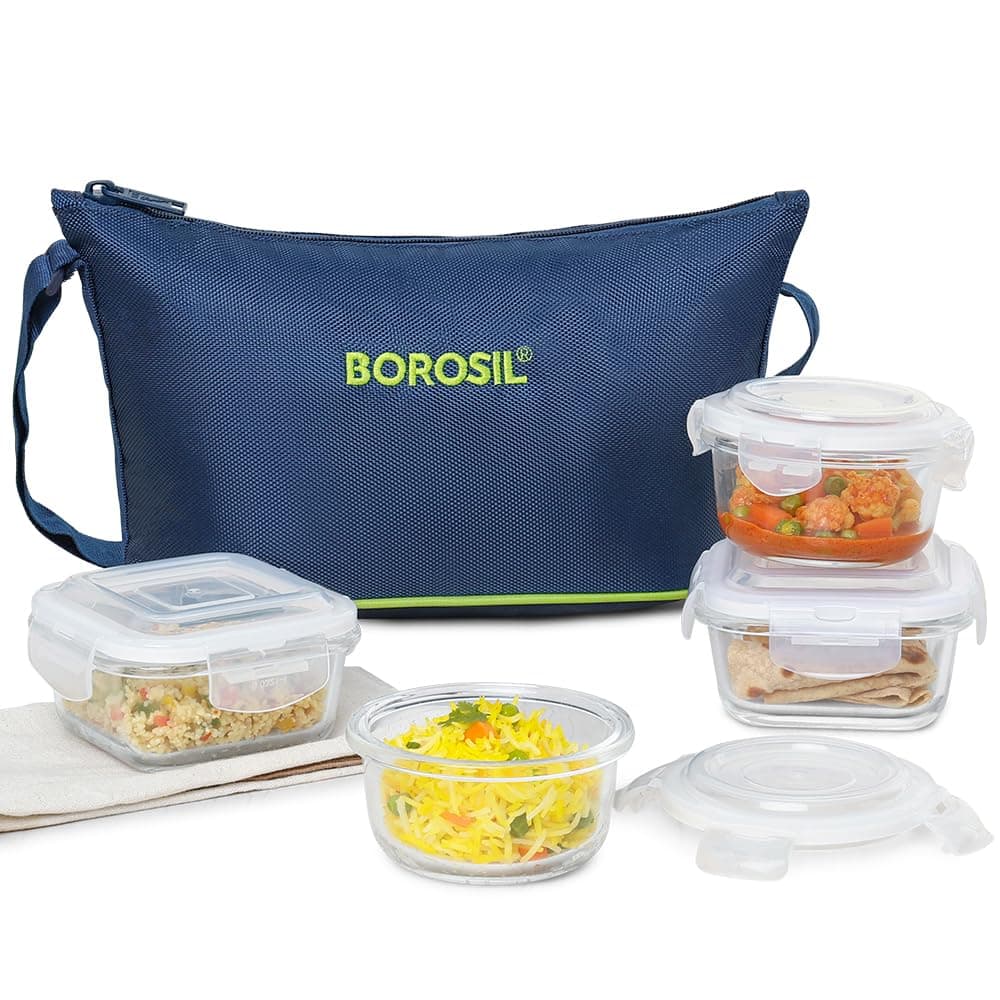 Borosil Klip n Store Daisy Lunchbox | 320ml x 2 Square + 240ml x 2 Round Container Set | Made in India Borosilicate Glass | Microwave & Dishwasher Safe | Tiffin for Office/School/College