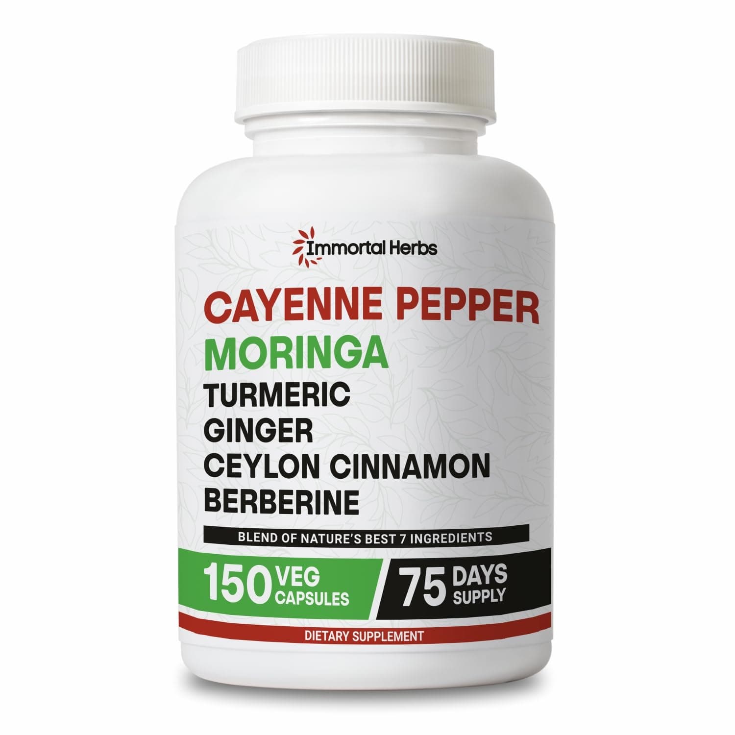 Immortal Herbs Cayenne Pepper Moringa Turmeric Ginger Capsules, 150 Pills, Gut Health Supplement w/Extra Strength, Non-GMO & Gluten Free, Pure Berberine HCL and Ceylon Cinnamon Extract Powder