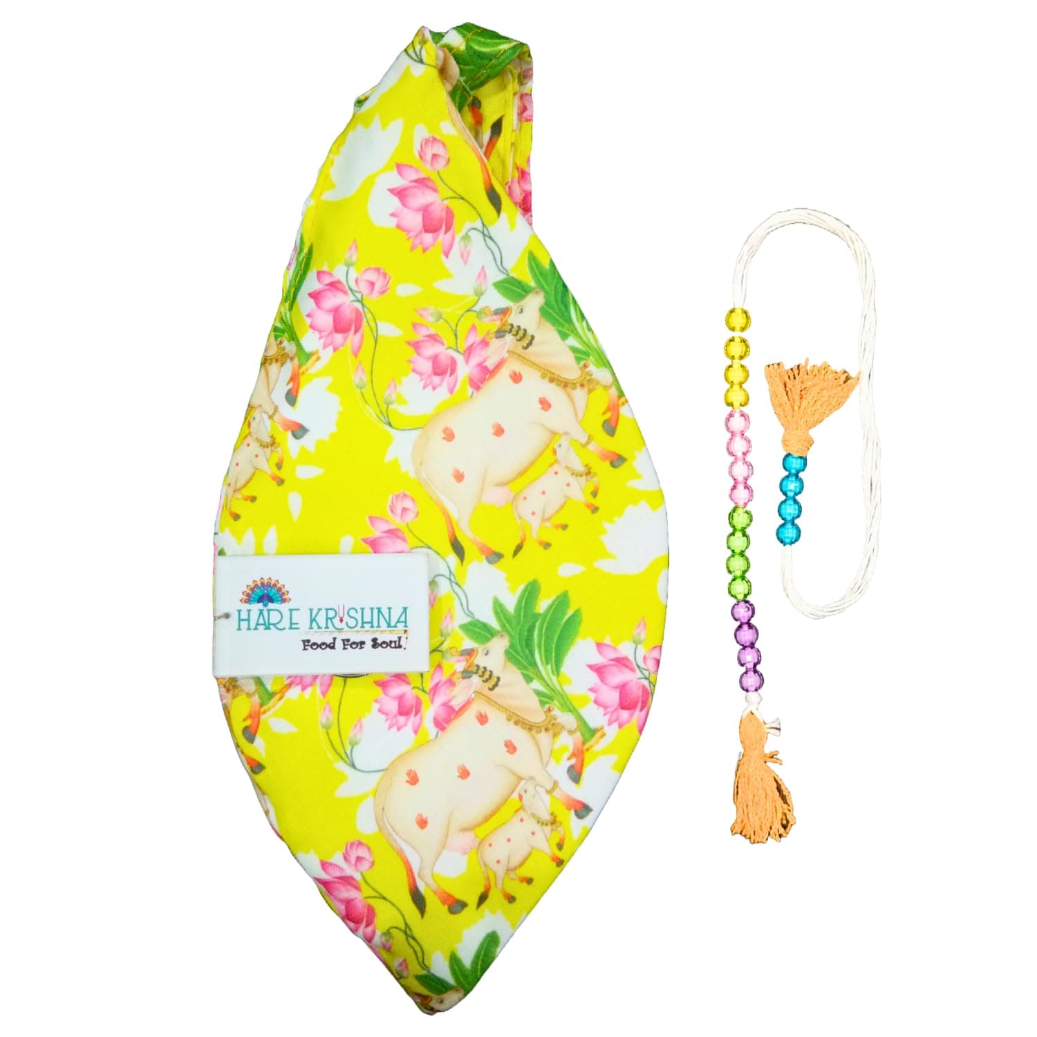Hare Krishna Food for Soul Kamdhenu Printed jap mala bag/gomukhi japa mala bag/chanting bag/Jaap Mala Bag/bead bag for chanting/mala jaap bag with Sakshi Mala & Keychain (Combo Pack)