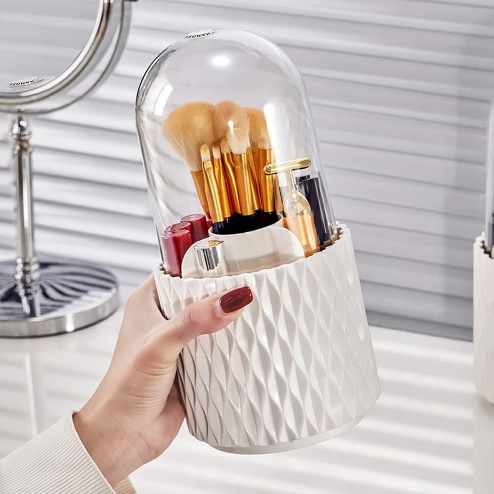 OTIPORTER Makeup Brush Holders Dustproof & Waterproof 360 Rotating Cosmetic Brush Holder Hardware Tools With Cover Spinning Makeup Organizer, White