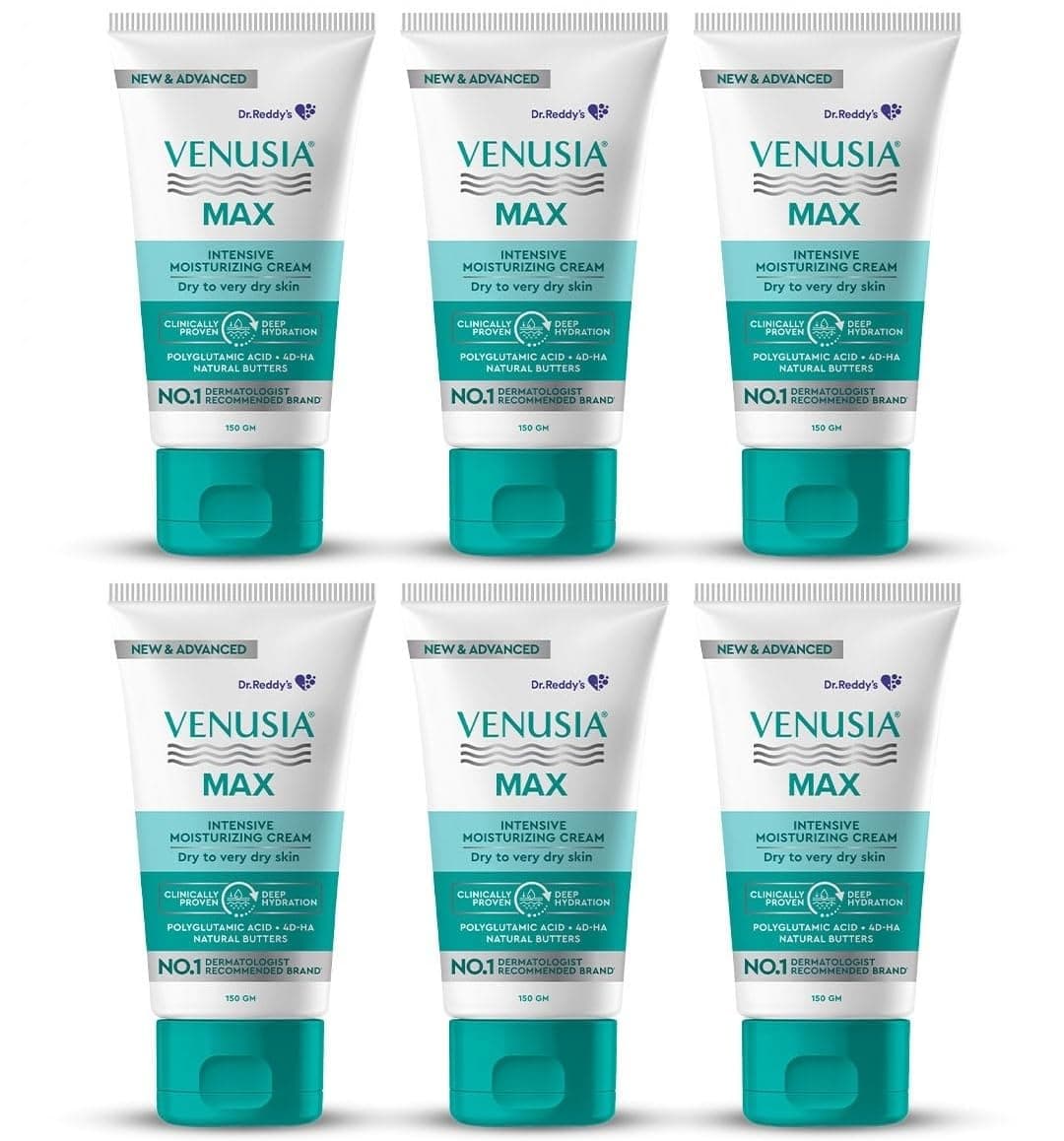 Dr. Reddy's Venusia Max Intensive Moisturizing Cream | Dermatologist Recommended for Dry to Very Dry Skin | Clinically proven for up to 24 hrs. Moisturization | For Face & Body | Cocoa Butter, Mango Butter & Aloe Butter | 150 g (Pack of 6).