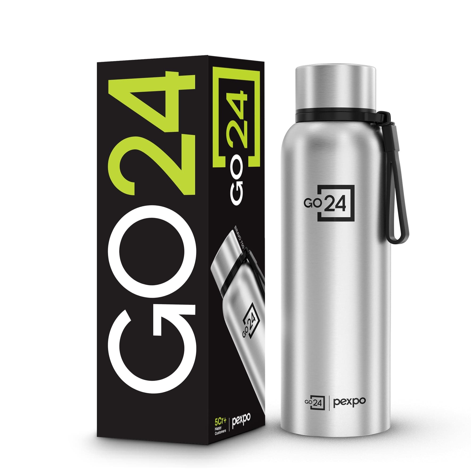 Go24 pexpo Water Bottle 700ml Stainless Steel | Hot and Cold Flask | ISI Certified Steel Bottle | Three Layer Insulation | Leakproof | for Home, Office | 2-Year Warranty |Bravo| Silver