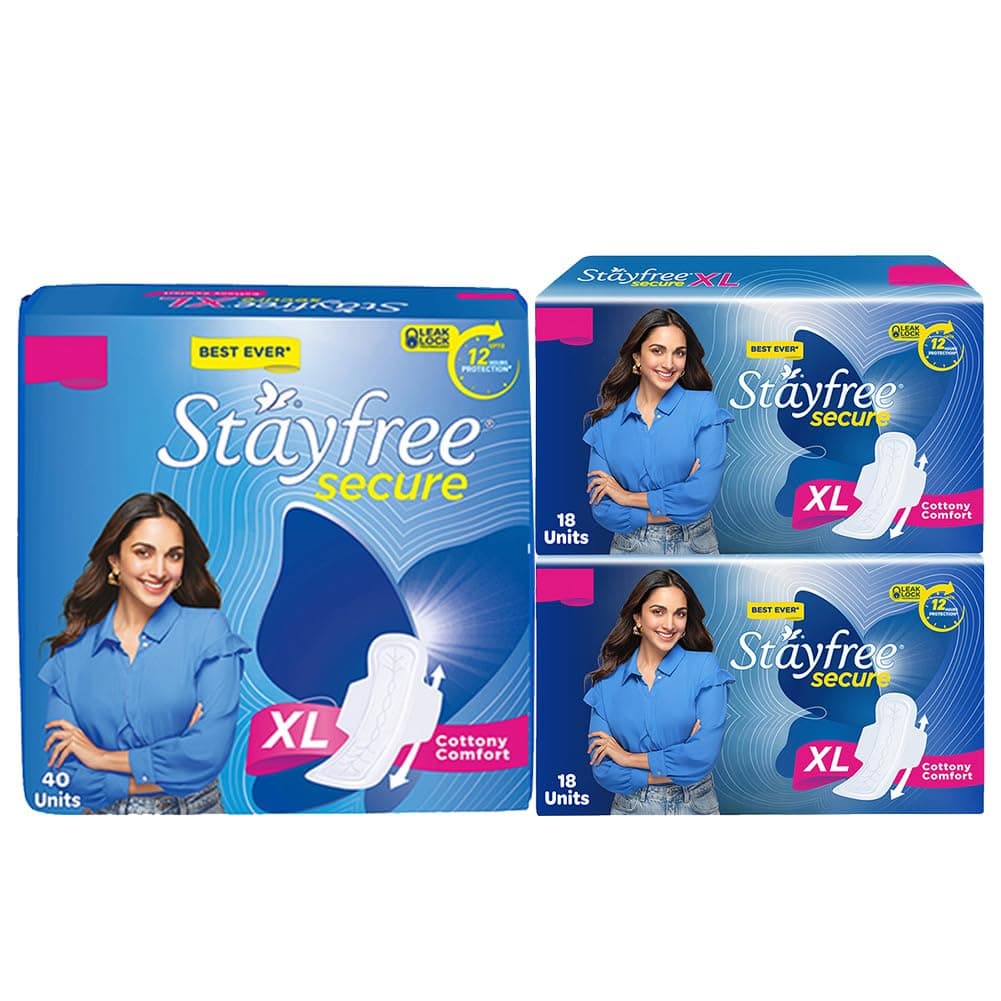 Stayfree Secure XL | Combo packs 76 Pads | Cottony Soft Sanitary Pads for Women | with Leak Lock Technology | Odour Control | Absorbs Upto 100% Fluid | Up to 12 Hours of Protection |
