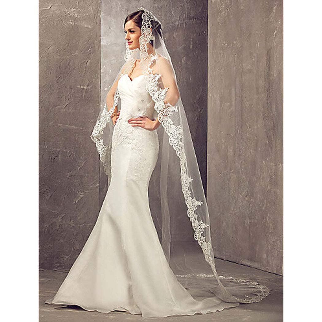 Nero Women s One Tier Cathedral Wedding Bridal Veils with Lace Edge (Ivory)