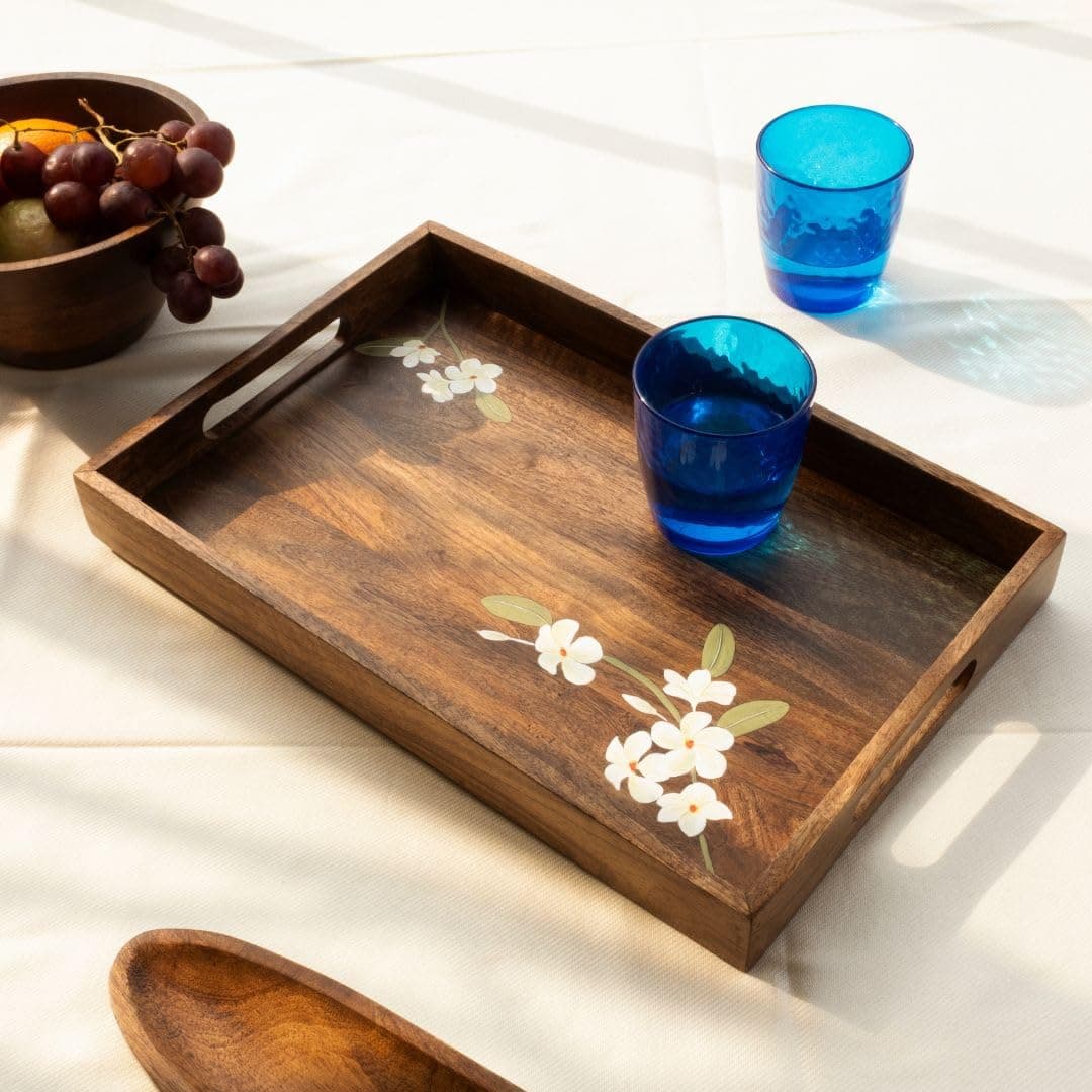 Aurum Crafts Bella Handpainted Mango Wood Medium Serving Tray 16x10.5 Inch | Wooden Snack & Tea Tray | Premium Rectangular Tray for Home Kitchen Café Restaurant Use