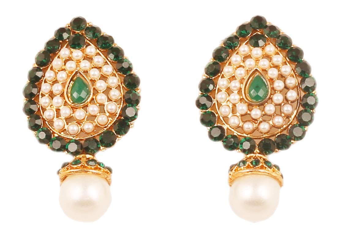 New! Touchstone Indian Bollywood Desire Traditional Style Faceted Faux Emerald Pearls Grand Look Designer Jewelry Earrings in Antique Gold Tone for Women.
