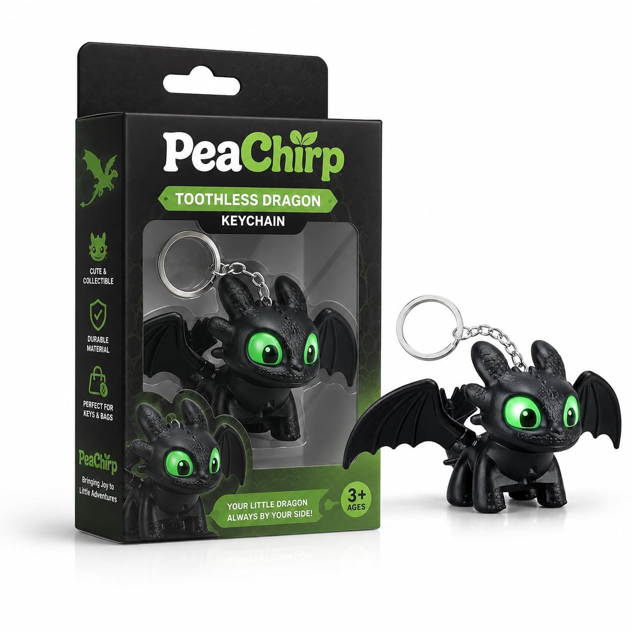 PeaChirp Mysterious Glowing Toothless Dragon Keychain for Keys or Backpack, Collector Night Fury Chibi Figure with Green LED Eyes, Moving Wings, Matte Vinyl and Textured Scales