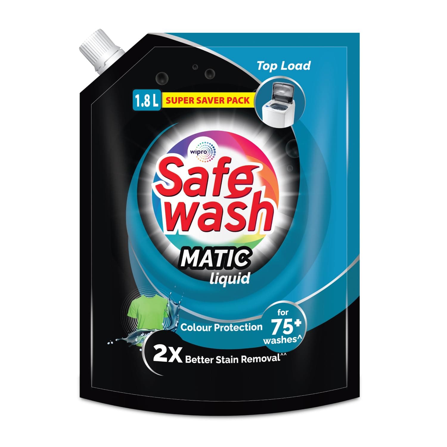 Safewash Top Load Matic Premium Liquid Detergent 1.8 L Refill Pouch with Colour-Protect Technology | 2x Stain Removal | For All Types of Fabrics