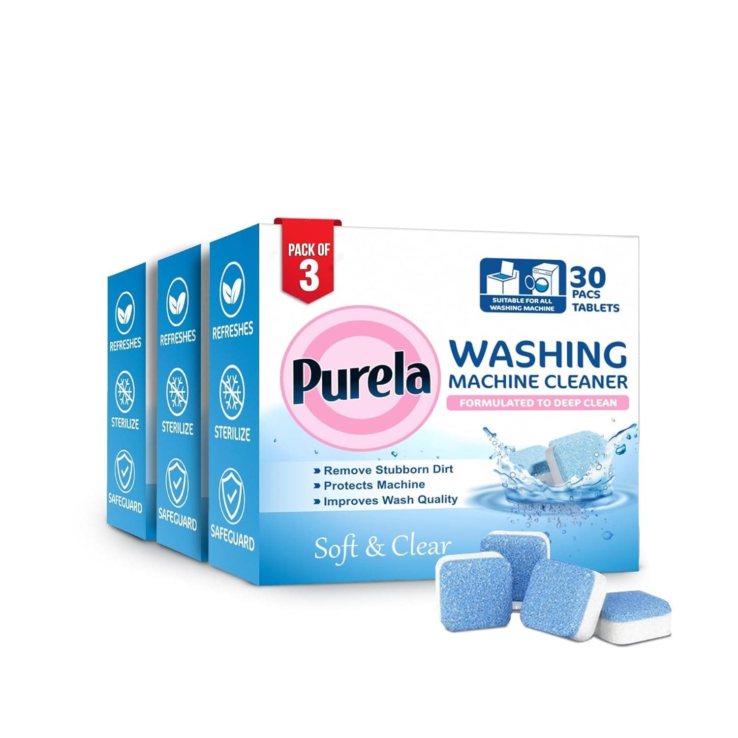 Purela Washing Machine Cleaner Tablets 90 tablet- Effervescent Descaler for Front &Top Load Machines - Removes Limescale, Odor, Mold & Detergent Residue