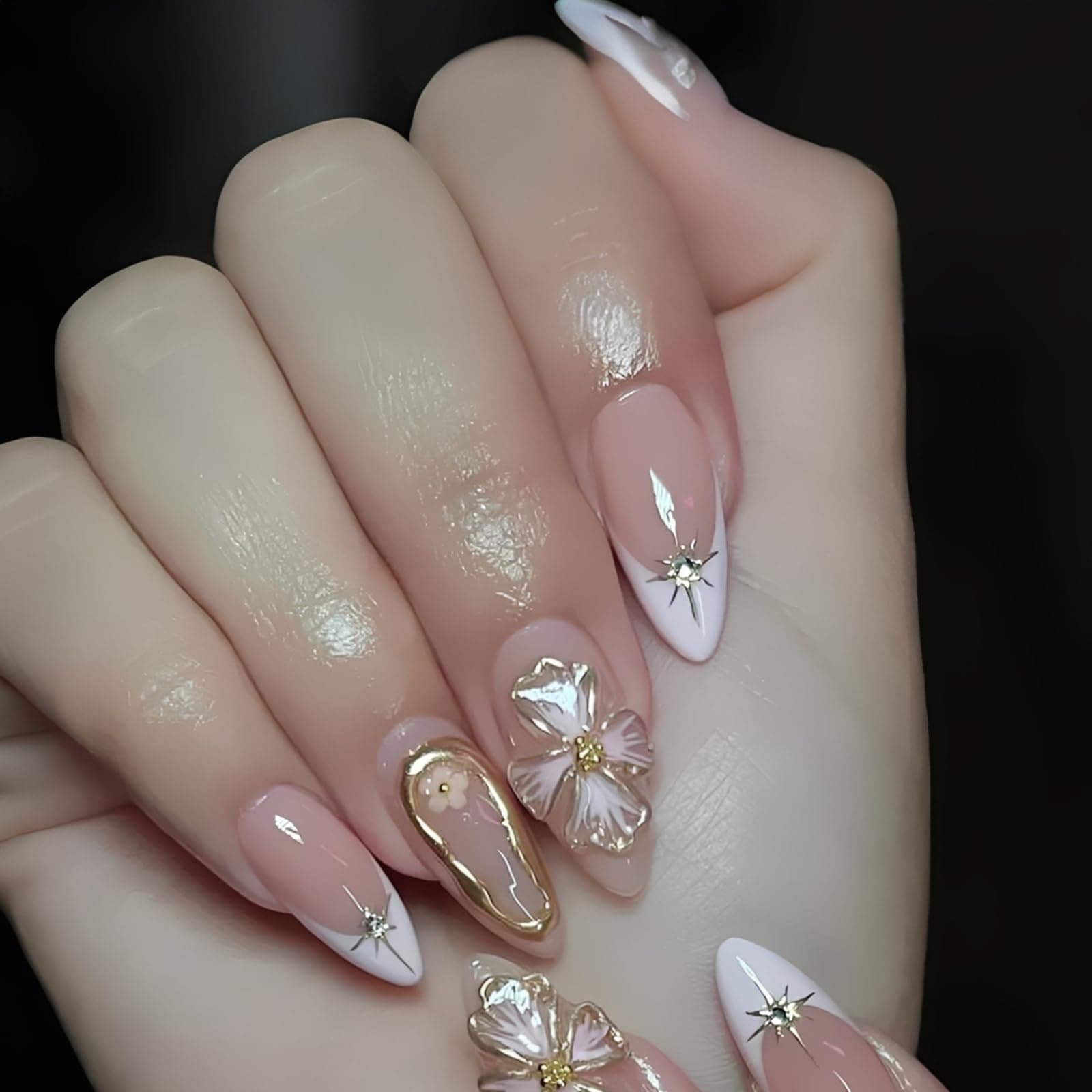 24 Pcs Press On Nails, White French Floral Long Fake Nails For Women, Elegant Nail Extensions For Quick Manicure, Bridal Party And Daily Fashion Accessory