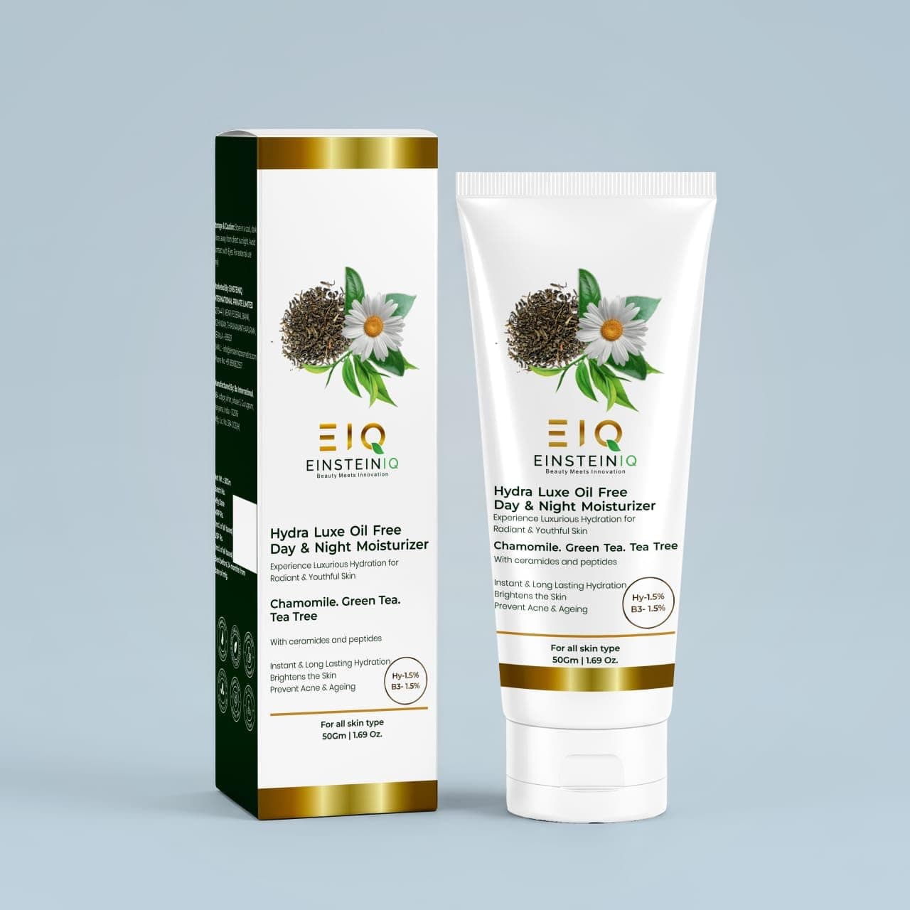 EIQ - EINSTEINIQ Hydralux Oil Free Day & Night Moisturiser with Chamomile, Green Tea, Tea Tree, 1.5% Niacinamide & 1.5 % Hyaluronic Acid | Ceramides & Peptides | Light Weight | Non-Greasy | Long lasting Hydration | Fast Absorbing |100% Vegan | Daily Use | No Parabens or Sulphates | For All Skin Type | Uni-Sex | Dermatologically & Clinically Tested | Tested for Heavy Metals | FDA Approved Formula | 50GM.