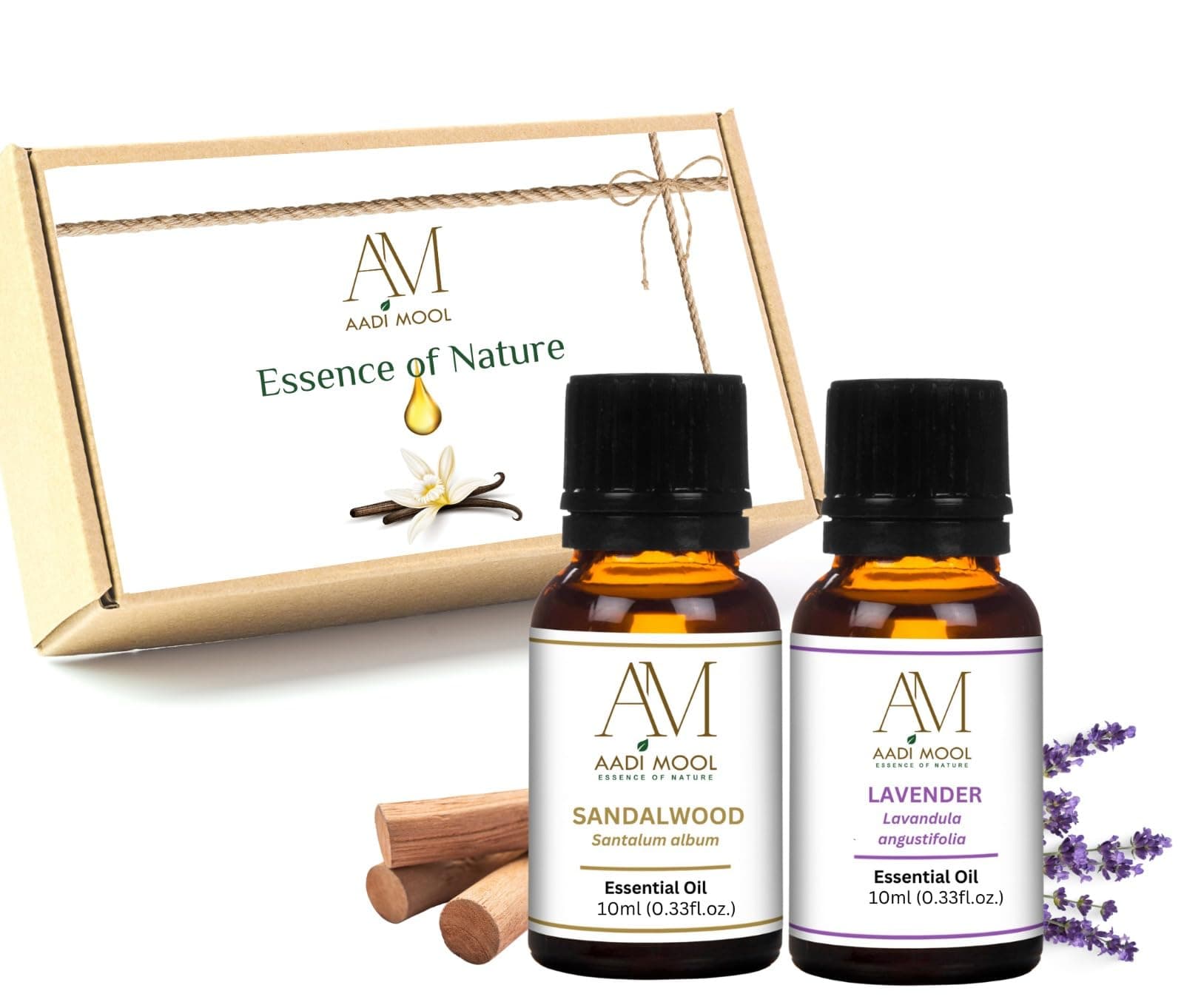 Aadi Mool Sandalwood & Lavender Essential Oil | Pack of 2 (10ml Each) | Pure & Natural, Undiluted | Aromatherapy Oils for Diffuser, Massage, Skin & Hair Care, Bath, Soap & Candle Making, DIY Beauty
