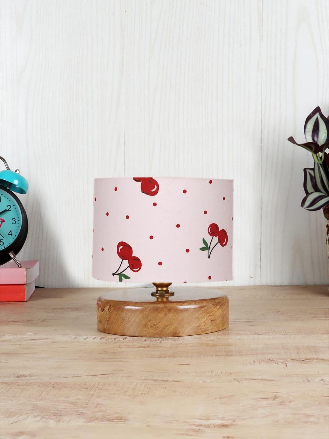 AMDHOME Cherry Pop Delight Table Lamp with Pink Polka Dot Cotton Shade & Wooden Base (Height 7 Inche) – Cute & Quirky Home Décor Accent | for Living Room, Bedroom, Home Decor, Study Lampshade