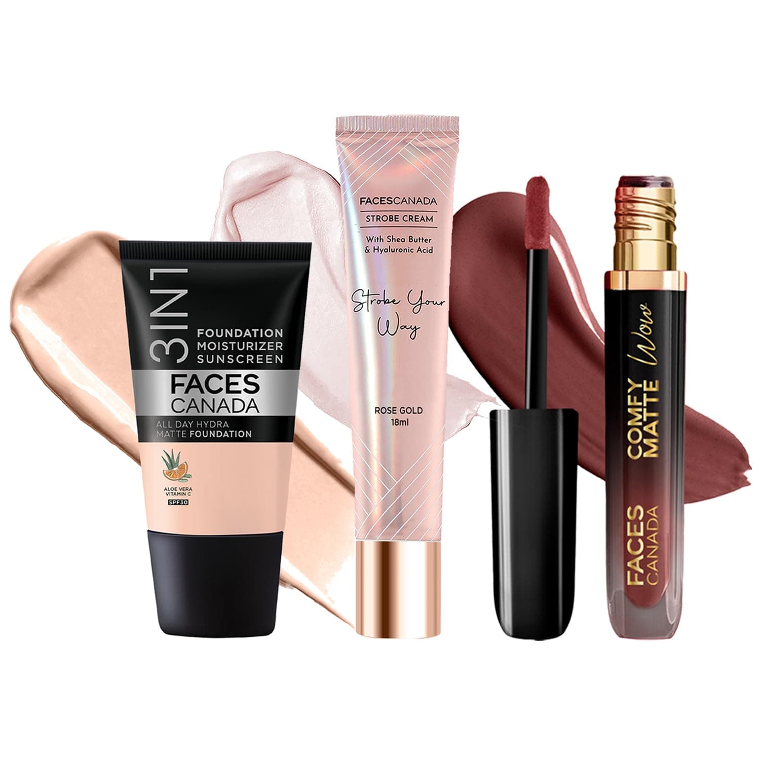 FACESCANADA Celeb Glow Combo | Strobe Cream - Rose Gold, 18ml + Hydra Matte Foundation - Rose Ivory, 18ml + Comfy Matte Wow - Cocoa Crush, 3.8ml | Highlighter | Highly Pigmented | Pack of 3