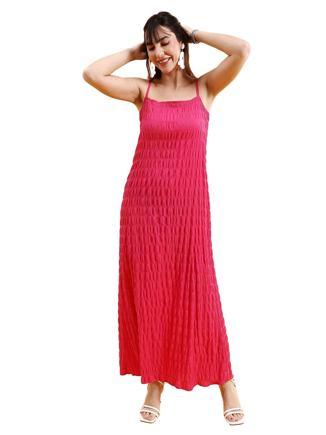 Freehand Women Pink Solid Fit and Flare Dress (Bright Pink_L)