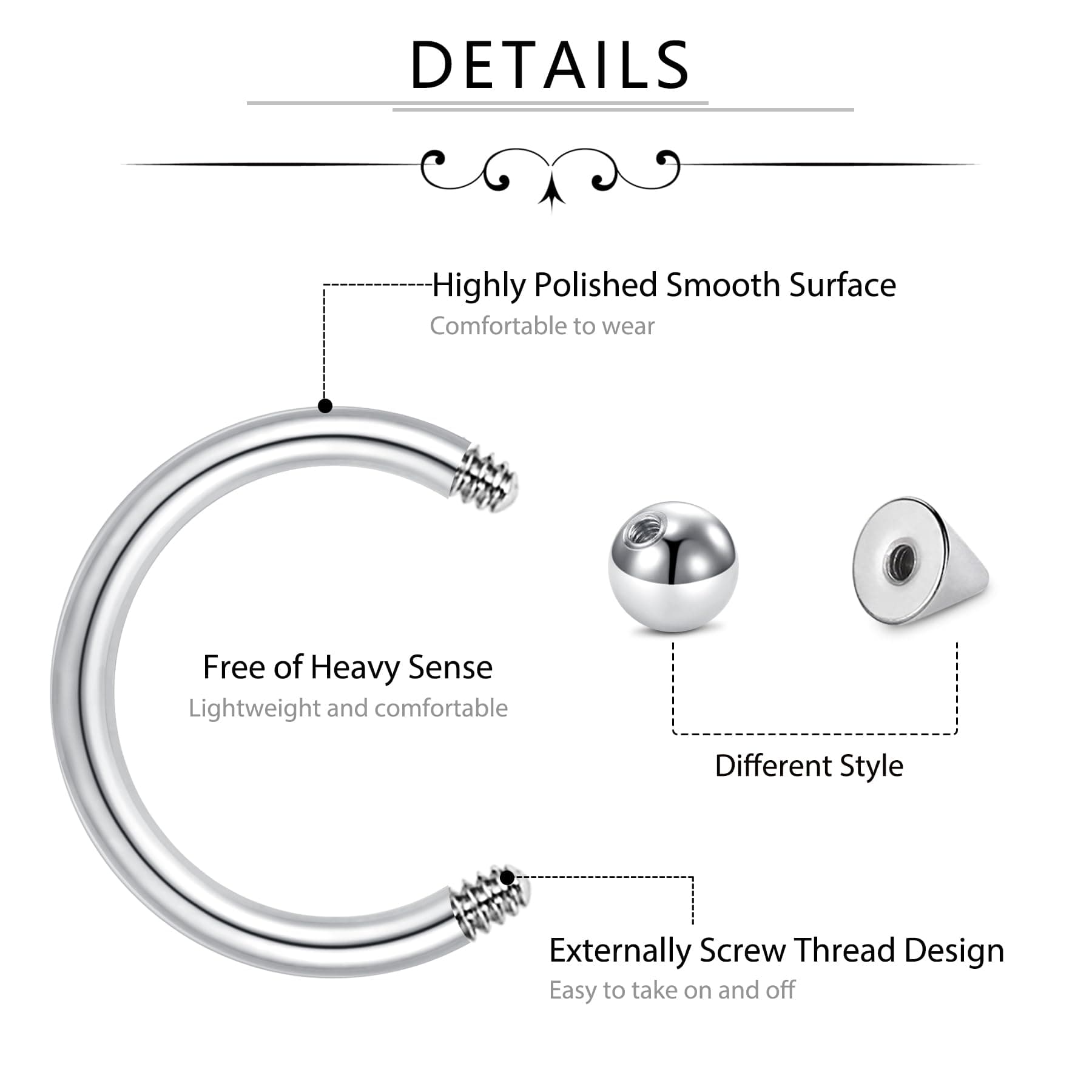 D.Bella 16G 14G Horseshoe Rings Surgical Steel Nose Septum Horseshoe Hoop Earring Eyebrow Tragus Lip Rings Daith Helix Piercing Jewelry for Women Men 6-12mm Smily Piercing Jewelry, Stainless Steel,