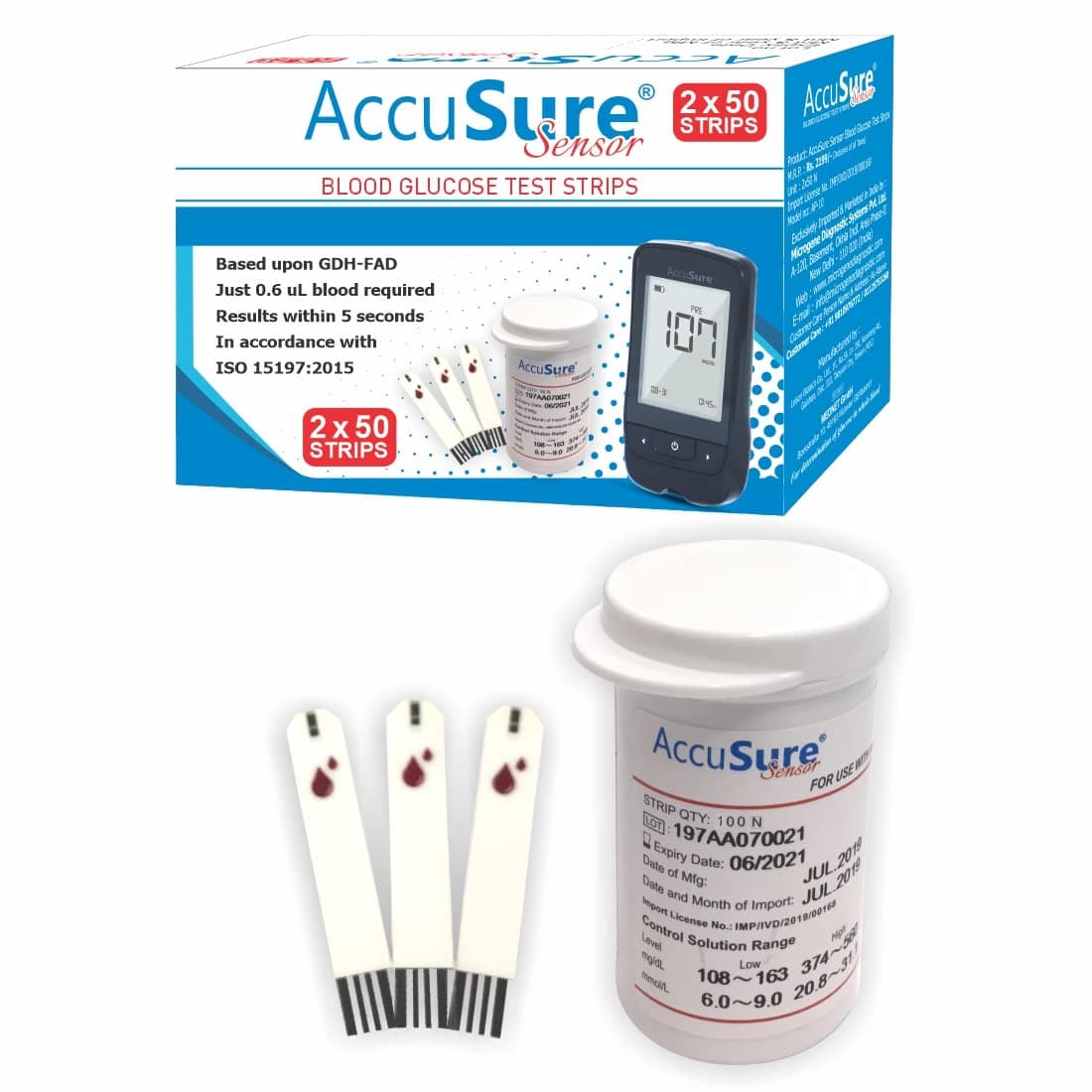 AccuSure Sensor Glucometer Test Strips 50 (Pack of 2), Multicolor