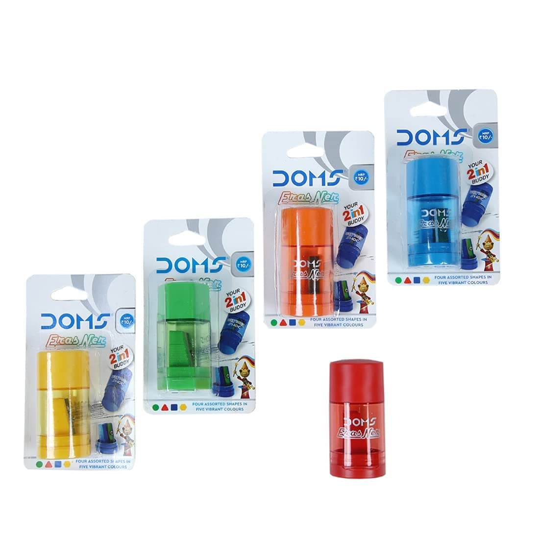 Doms ErasNer Eraser + Sharpner Blister Pack | Durable & Strong Built Quality | 4 Different Shapes in 5 Vibrant Colors | Scientifically Angled Blade With Anti-rust Coating | Pack of 10 Pieces