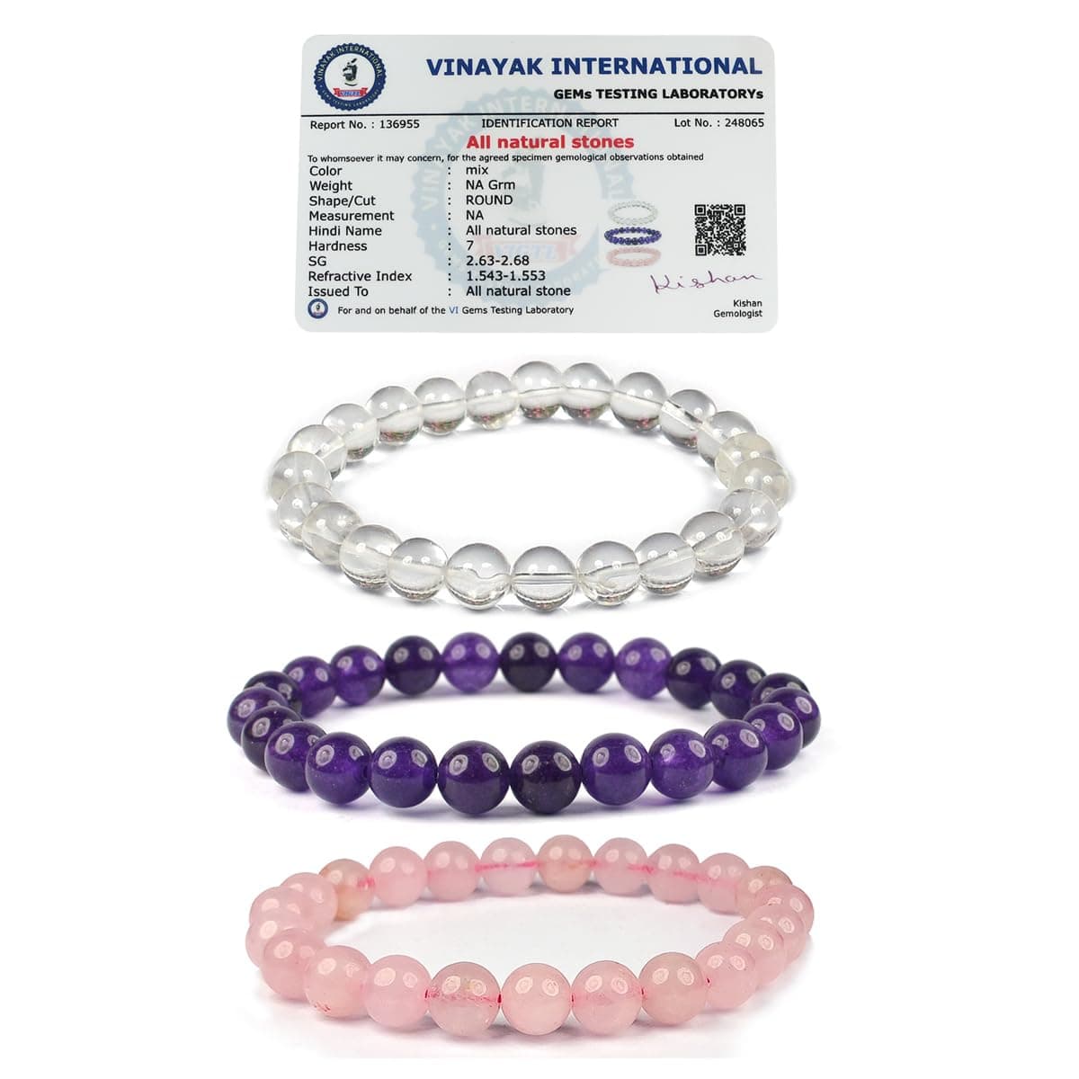 Reiki Crystal Products Unisex Adult Natural Certified Clear Quartz Amethyst Rose Quartz Crystal Stone Bracelet 8 Mm Beads (Color : Multi) Combo Bracelet Pack Of 3 Pc