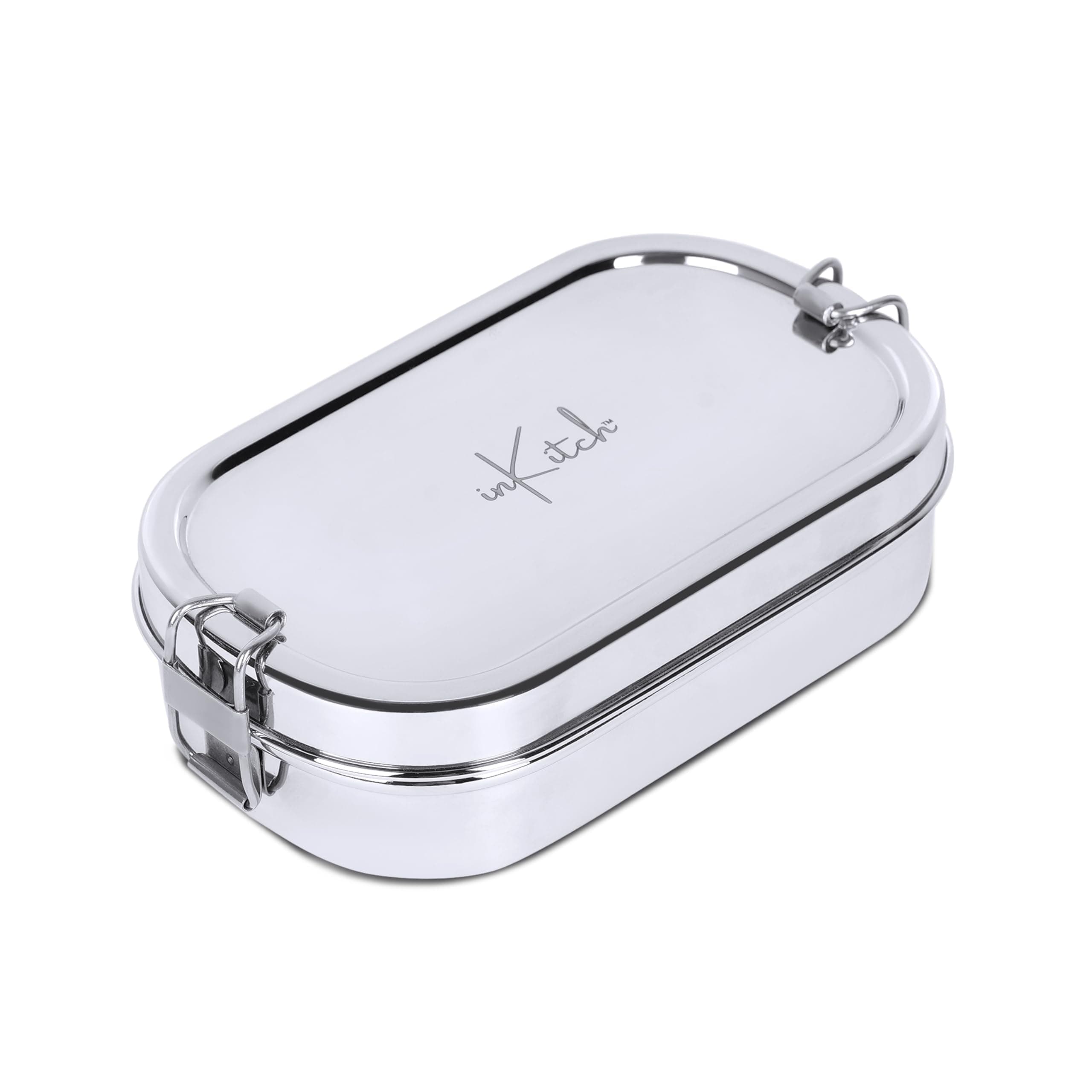 inKitch Stainless Steel Tiffin Box for Kids | Stainless Steel Lunch Box for Kids & Office | Rectangle Lunch Box/Tiffin with Inner Box and Locking Clip, 750ML, Silver