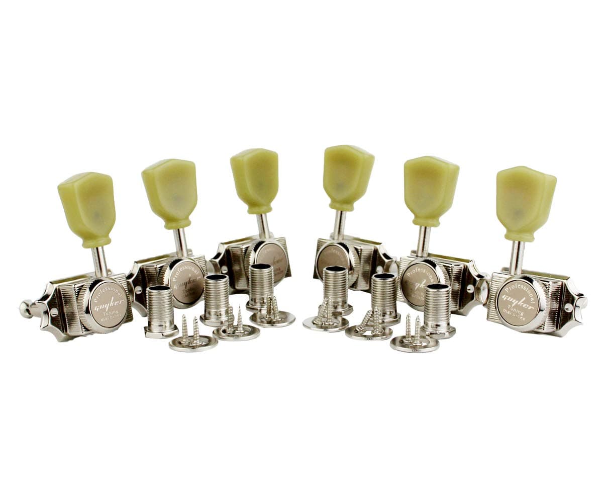 Guyker Nickel 6Pcs Guitar Locking String Tuning Pegs (3R + 3L) - 1:15 Vintage Deluxe Style Tuners Key Machine Heads Set with Keystone Knob Replacement for Les Paul Style Electric or Acoustic Guitar