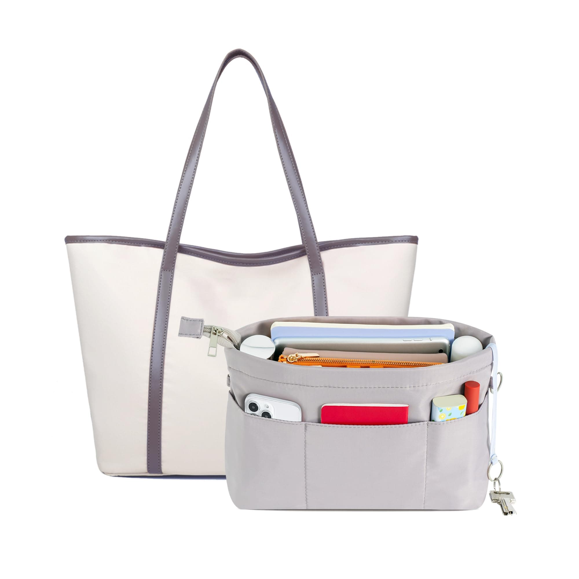 HyFanStr Bag Organizer Insert for Handbags and Totes With Keychain - Mini Gray Liner for Travel and Cosmetic Storage