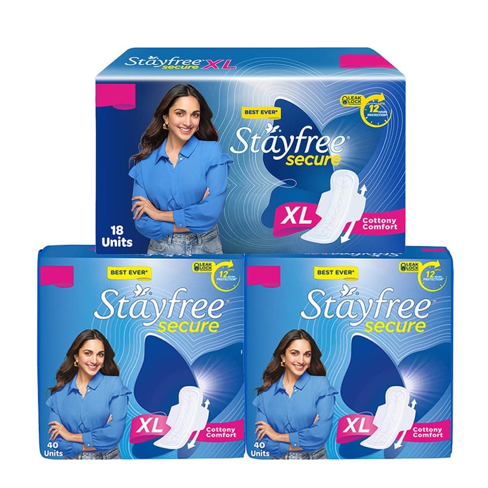 Stayfree Secure xl | Combo packs 98 Pads | Cottony Soft Sanitary Pads for Women | with Leak Lock Technology | Odour Control | Absorbs Up to 100% fluid | Up to 12 Hours of Protection |
