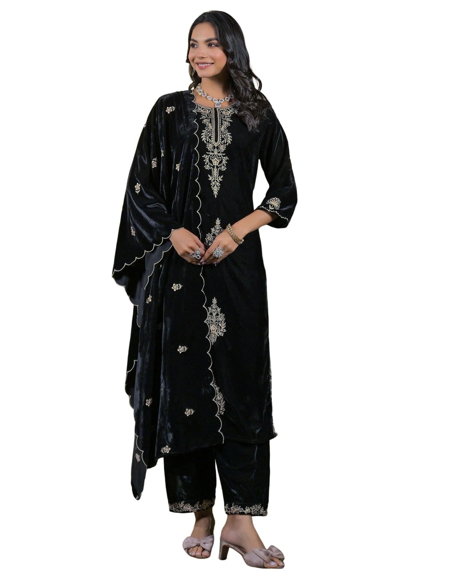SKYLEE Women's Velvet Embroidered Straight Kurta Set with Dupatta (351KBD4643-XL_Red)