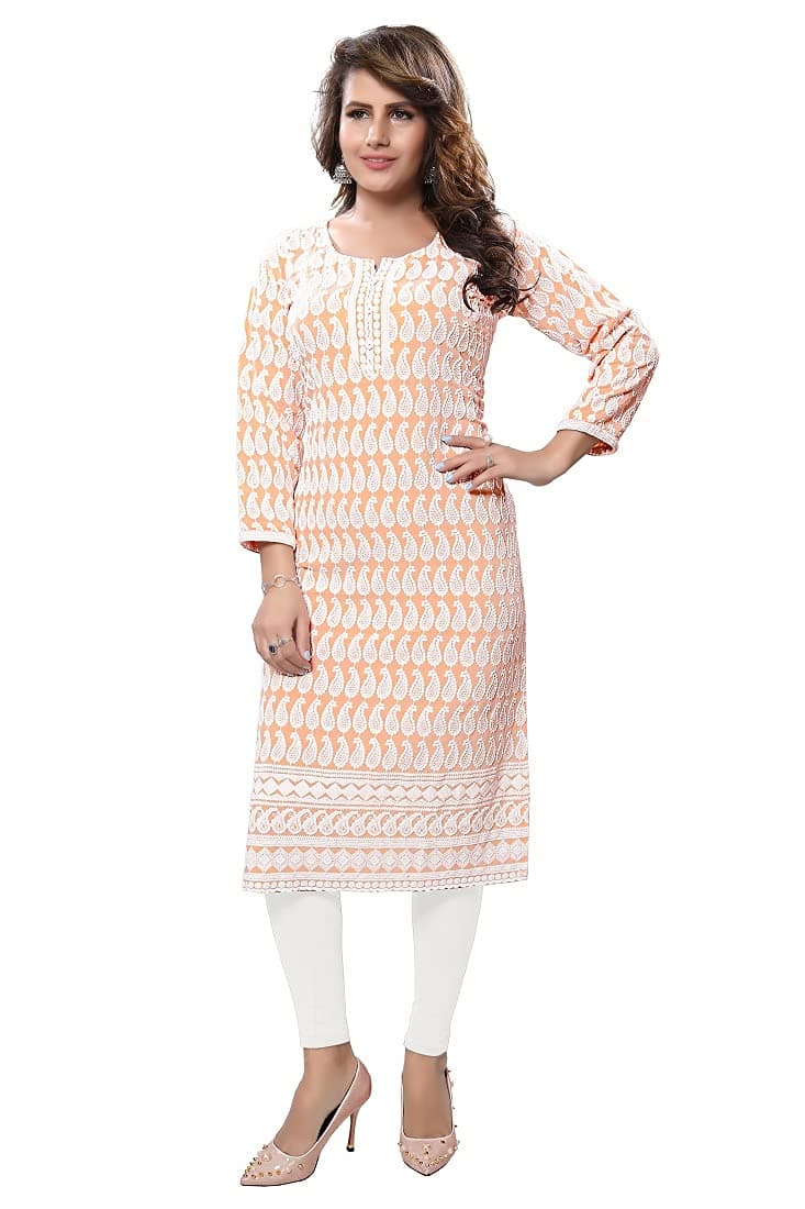 DREAM & DZIRE Peach Chikankari Kurti for Women of Cotton in Plus Size & Small Size (3XL).
