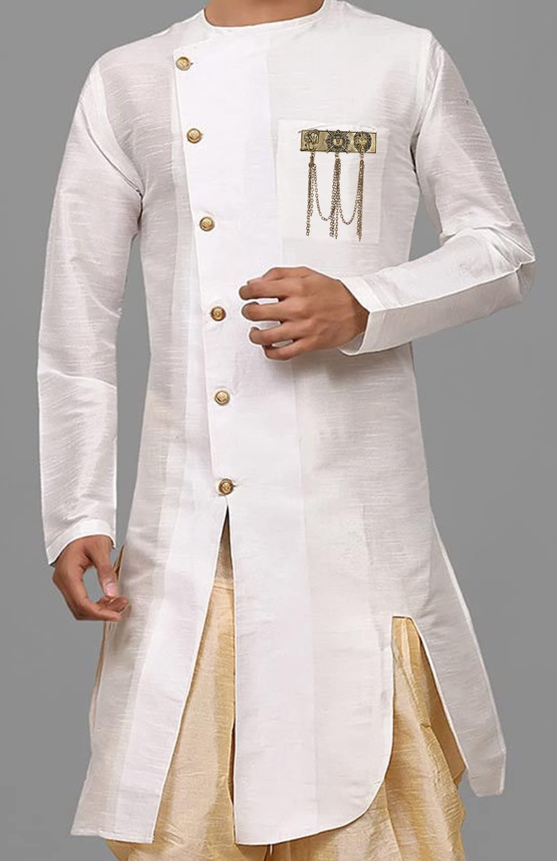Mahi Antique Gold Plated Multi Layer Hanging Chain Sherwani Brooch for Men (BP1101081G)