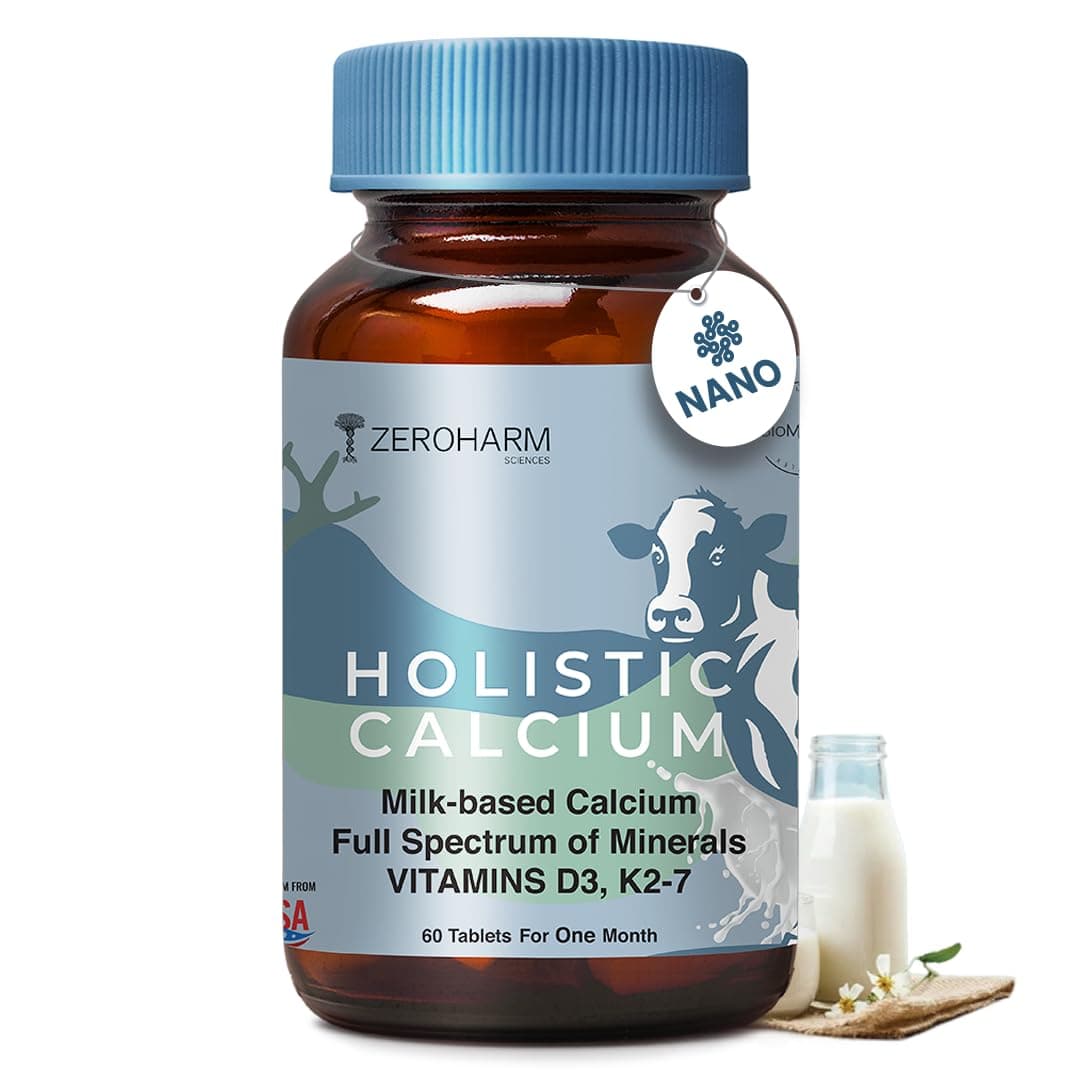 ZEROHARM Holistic Calcium Tablets – High Absorbption Milk-Based Calcium Supplement with Vitamin D3, K2-7, Magnesium, Phosphorous – Supports Bone Strength & Joint Health For Men & Women – 60 Tablets