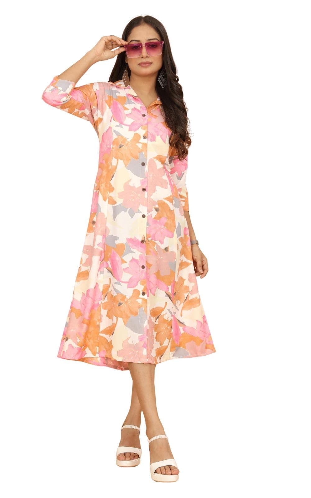 PEACH PIPER A Line Dresses for Women Western Rayon Floral One Piece Dress for Women | Stylish Flared Roll Tab Sleeve | Knee Length Midi Maxi Dress | Wear as Beach, Party