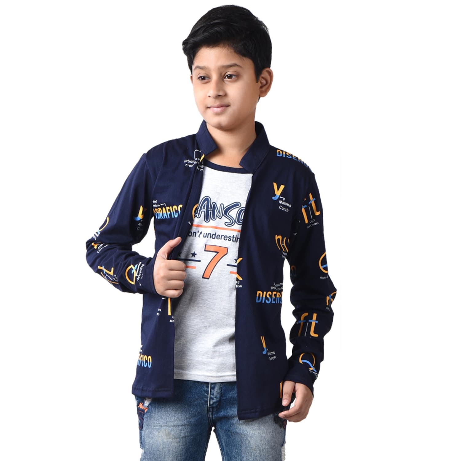 Star Designer Boys Cotton Printed Long Sleeve 7 Navy Regular Fit T-Shirt With Attached Jacket (Navy, 11-12 Years)