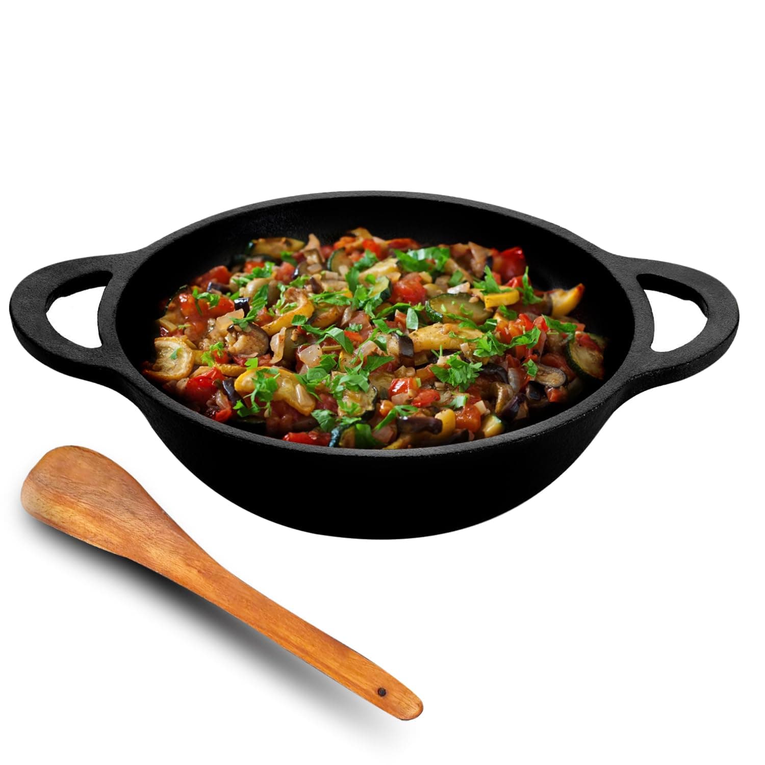 Lifelong Cast Iron Kadhai 20cm with Wooden Spatula | 1.8L, 1.8kg | Pre-Seasoned, Even Heat Distribution, Toxin & Teflon Free, Non-Stick, & Durable | Perfect for Cooking, Searing & Stewing