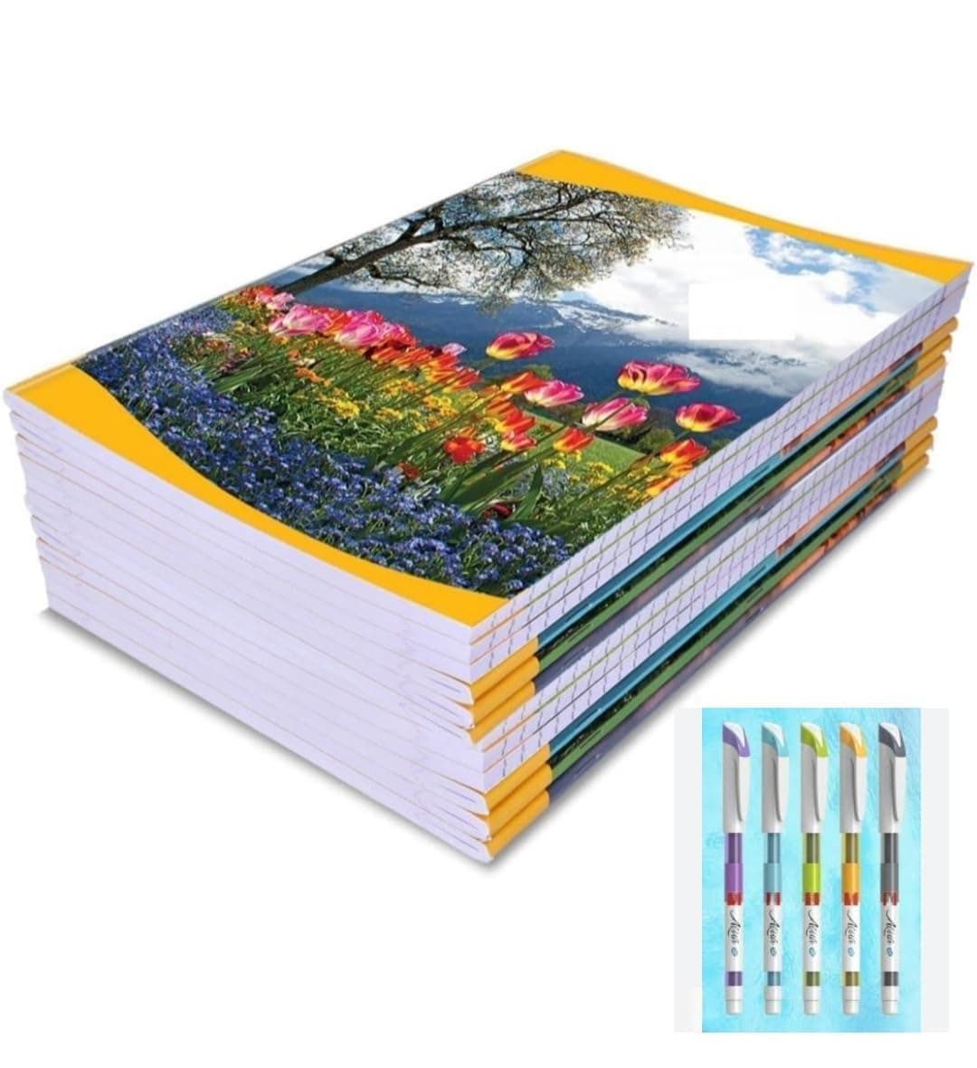 N.S Bright 200 Pages A4 Size Notebook - Single Line Ruled (29 x 21 cm) | Ruled notebooks for Writing | Register Notebook for Students | Pack Set of 6 With Free 5 Ballpens for Smooth Writing