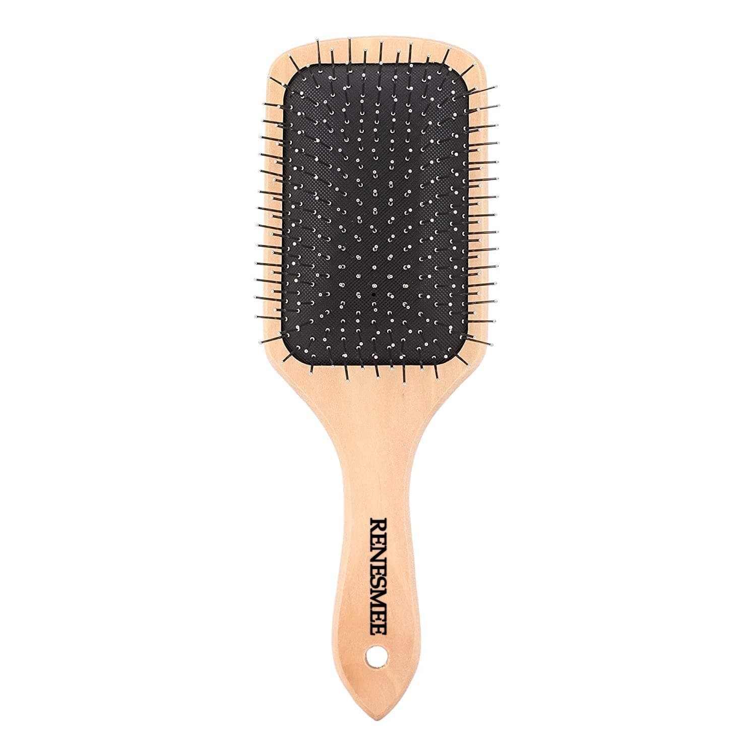 RENESMEE Metal Pin Bristle Hair Brush - Detangling, Anti-Static Paddle Grooming Tool - Rounded Steel Bristles, Ergonomic Wooden Handle - Scalp Massaging Comb - For Normal, Curly, Thick Hair, Wigs
