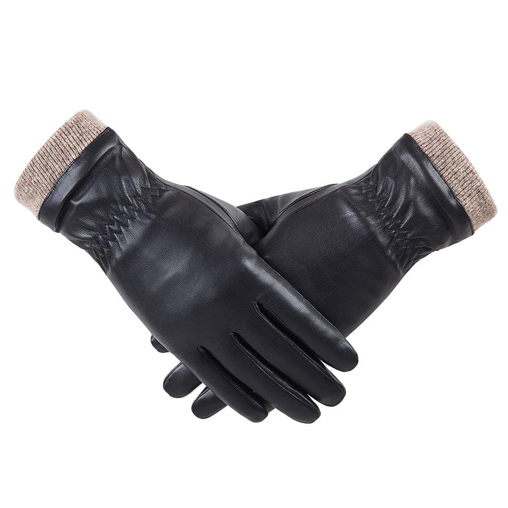 REDESS Winter Leather Gloves for Women, Wool Fleece Lined, Touchscreen Texting, Thick Thermal Snow Driving Gloves, Black