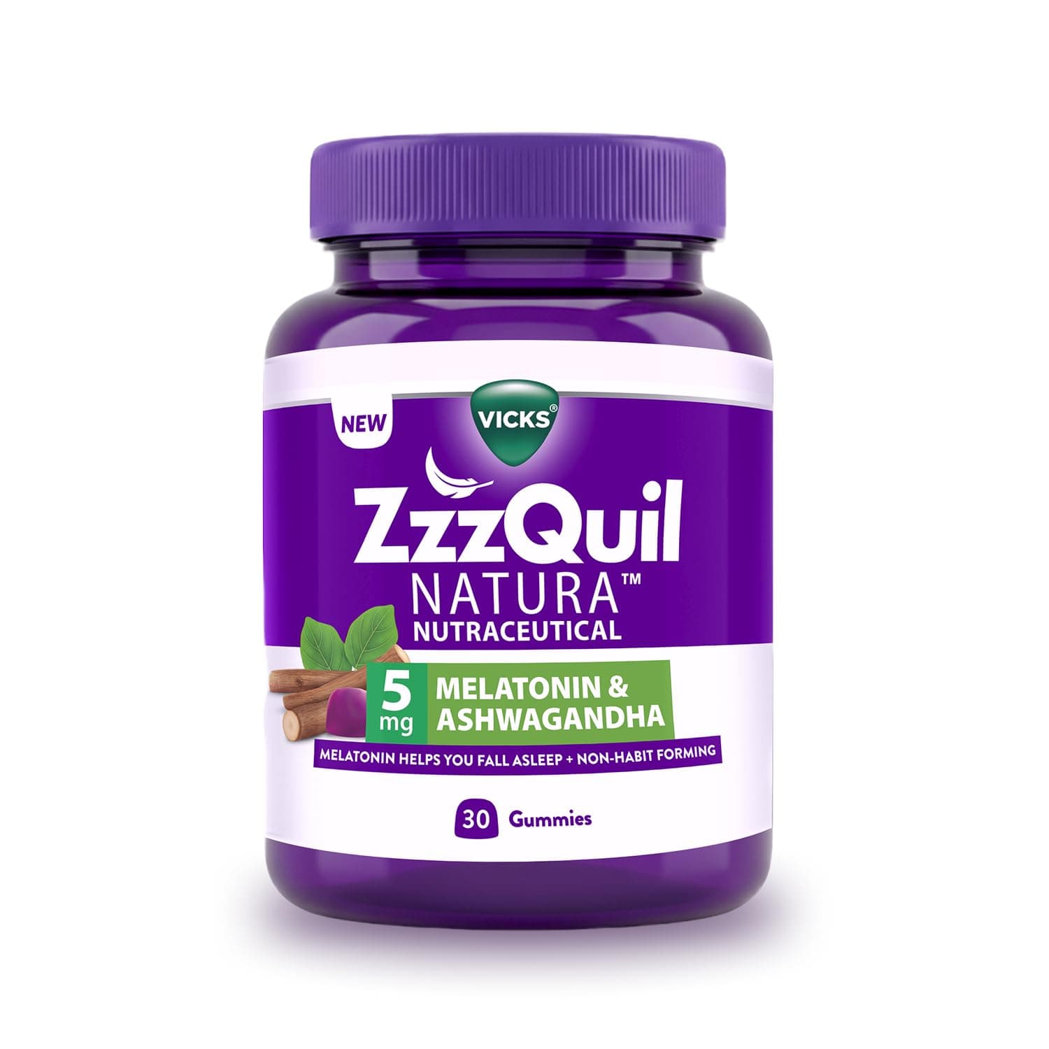 Vicks ZzzQuil Natura Sleep Gummies (Pack of 30) 5mg Melatonin with 50mg Natural Ashwagandha, Helps You Fall Asleep, Non-Habit Forming, Strawberry Flavor, Pure Vegetarian, Sealed Jar