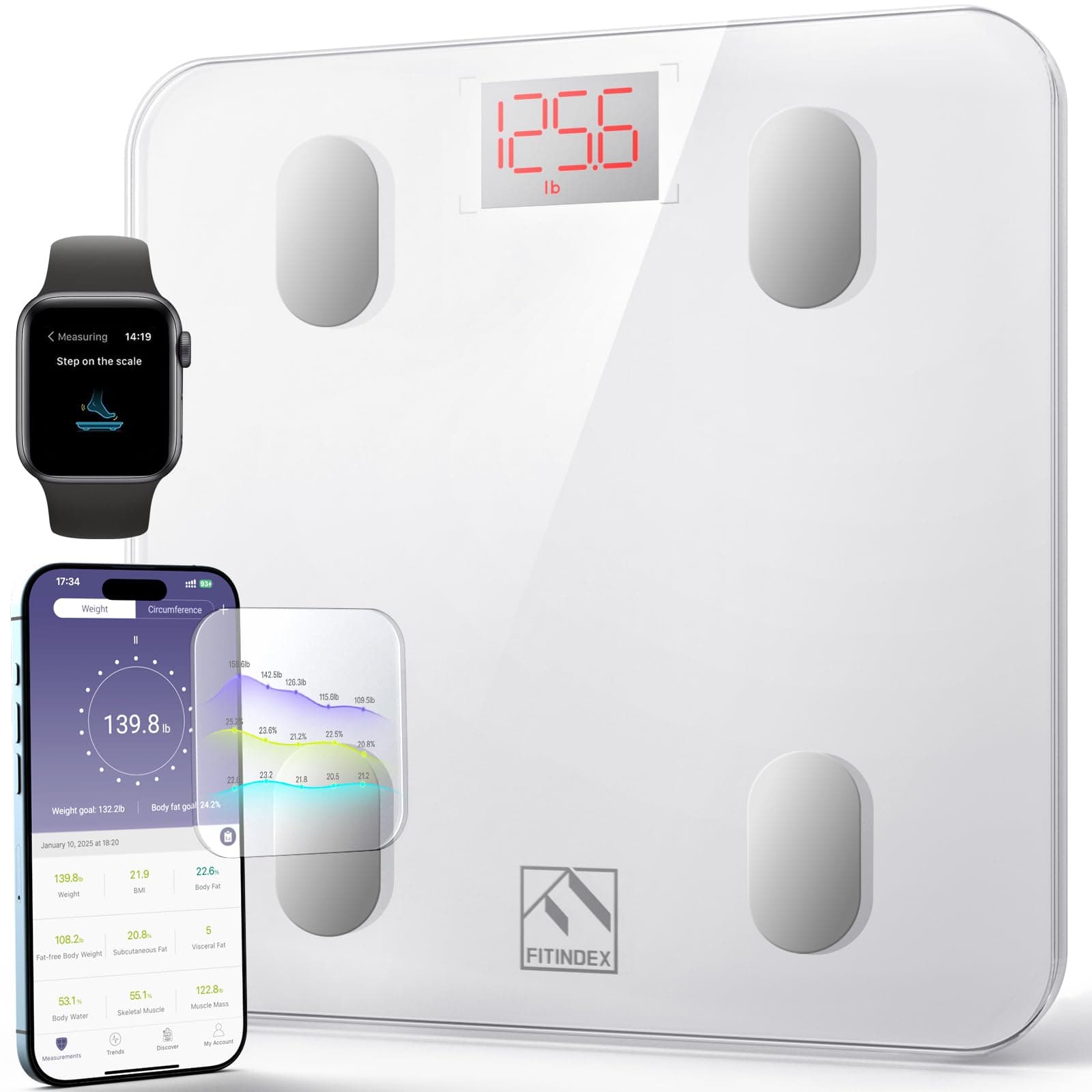 FITINDEX Smart Scale for Body Weight, Scale with BMI, Body Fat, Muscle Mass, Bluetooth,13 Body Composition Analyzer, Sync APP, Digital Bathroom, 400lb, White.