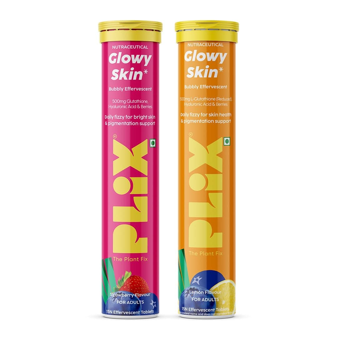 PLIX - THE PLANT FIX Glutathione Effervescent Tablets for Clear, Glowing & Youthful Skin | 500mg Glutathione, Vit E & Hyaluronic Acid | No Maltodextrin, No Sugar | Pack of 2 (30 tabs) | Strawberry & Lemon