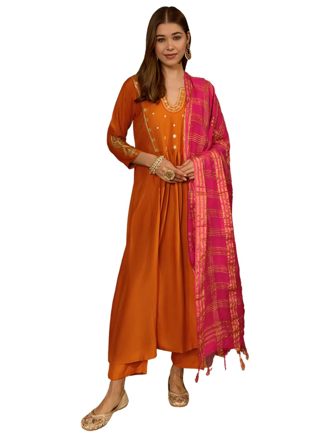Naixa Women's Viscose Silk Embroidered A-Line Kurta with Pant and Dupatta Sets (NX-944-Rust-L) Orange