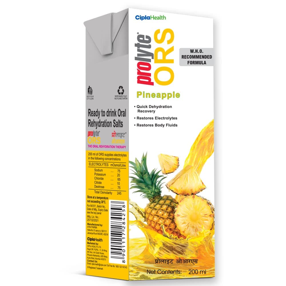 Cipla Prolyte Ors Ready To Drink Oral Rehydration Contains Vital Electrolytes | Restores Body Fluids Lost Due To Sweating, Diarrhea & Vomiting | Who Formula (Pineapple, Pack Of 10), Liquid